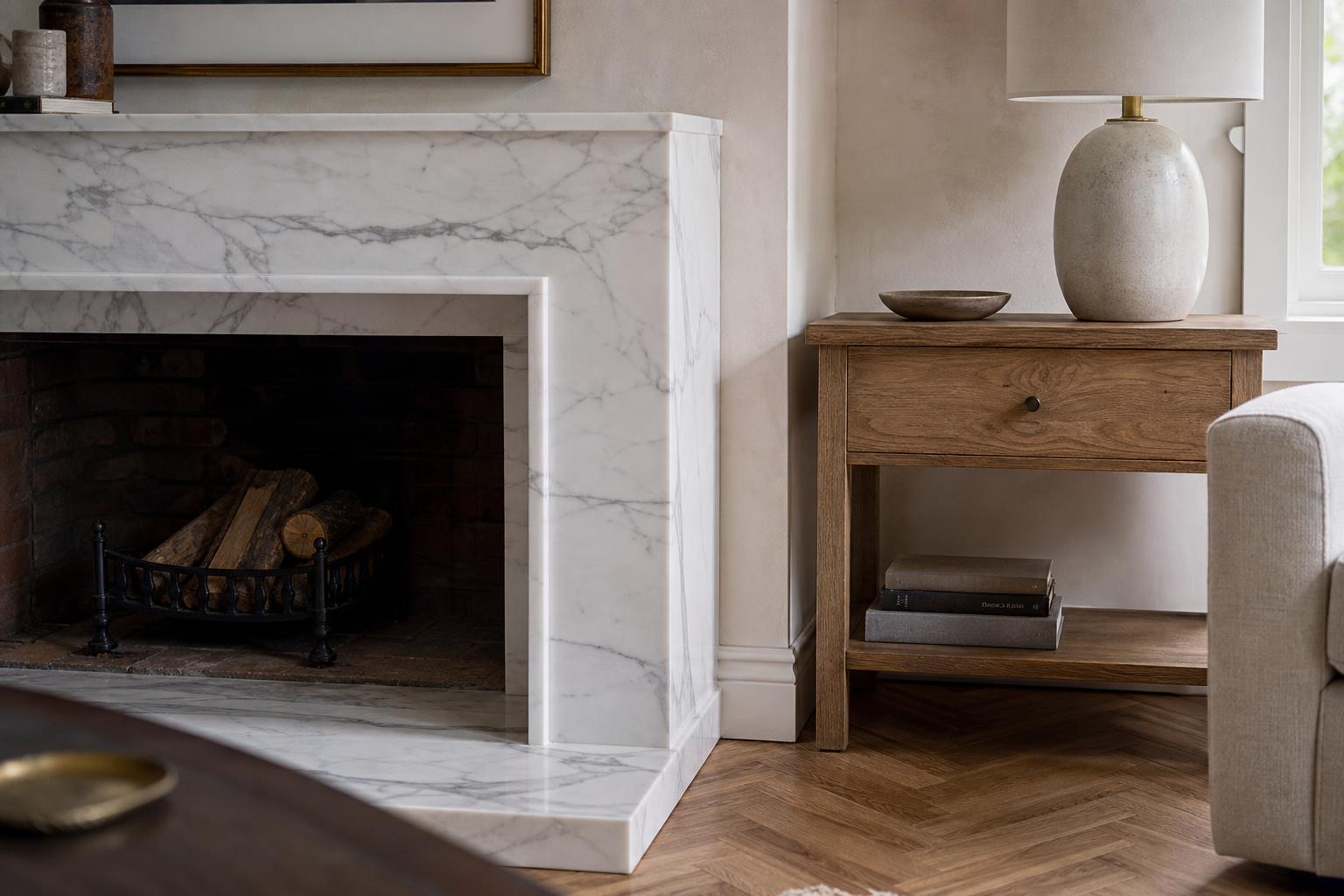 Oak side table beside a white marble fireplace surround in a sunlit minimalist living room
