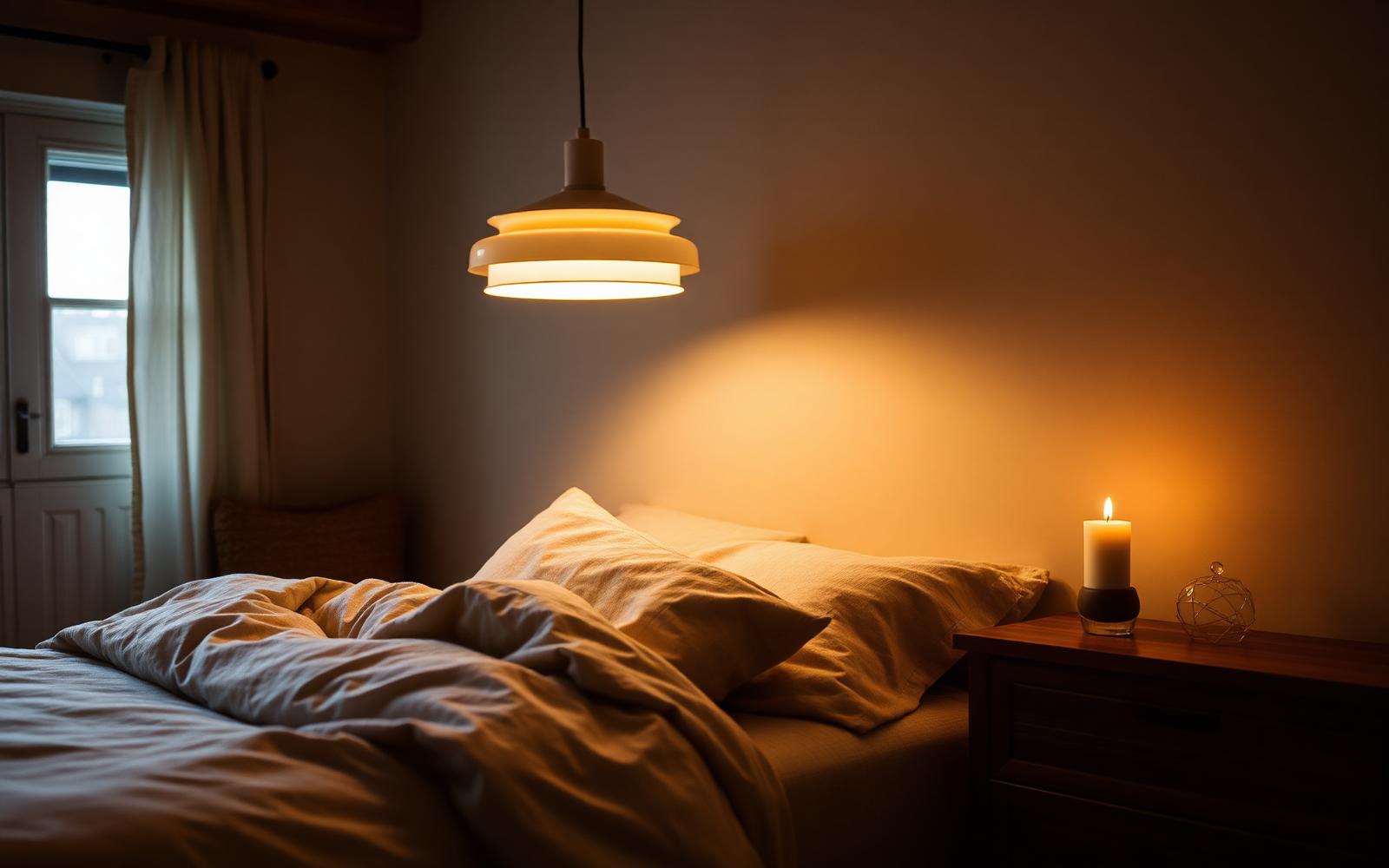 Bedroom in the evening with layered light from a pendant, lamp and candle