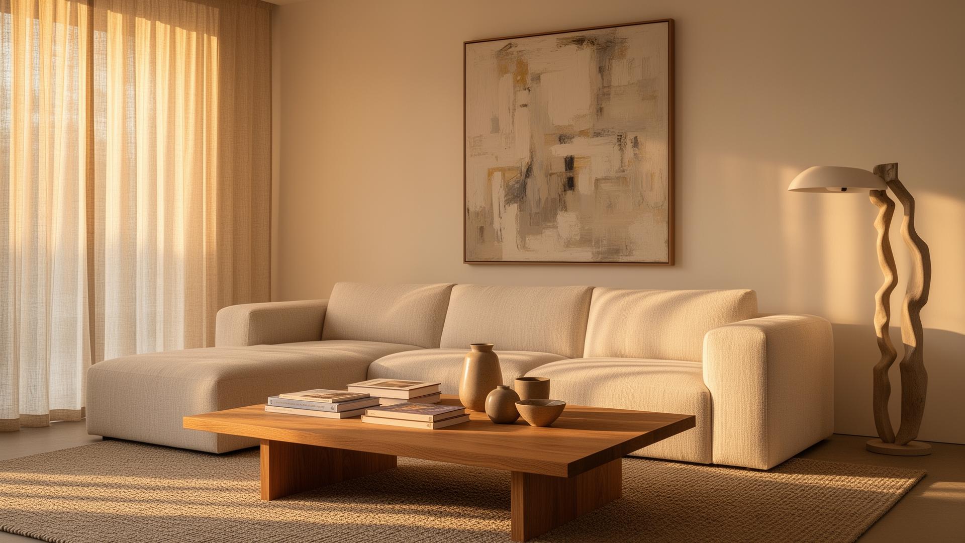 Sunlit living room with linen sofa, walnut coffee table, sheer drapes and a large abstract artwork