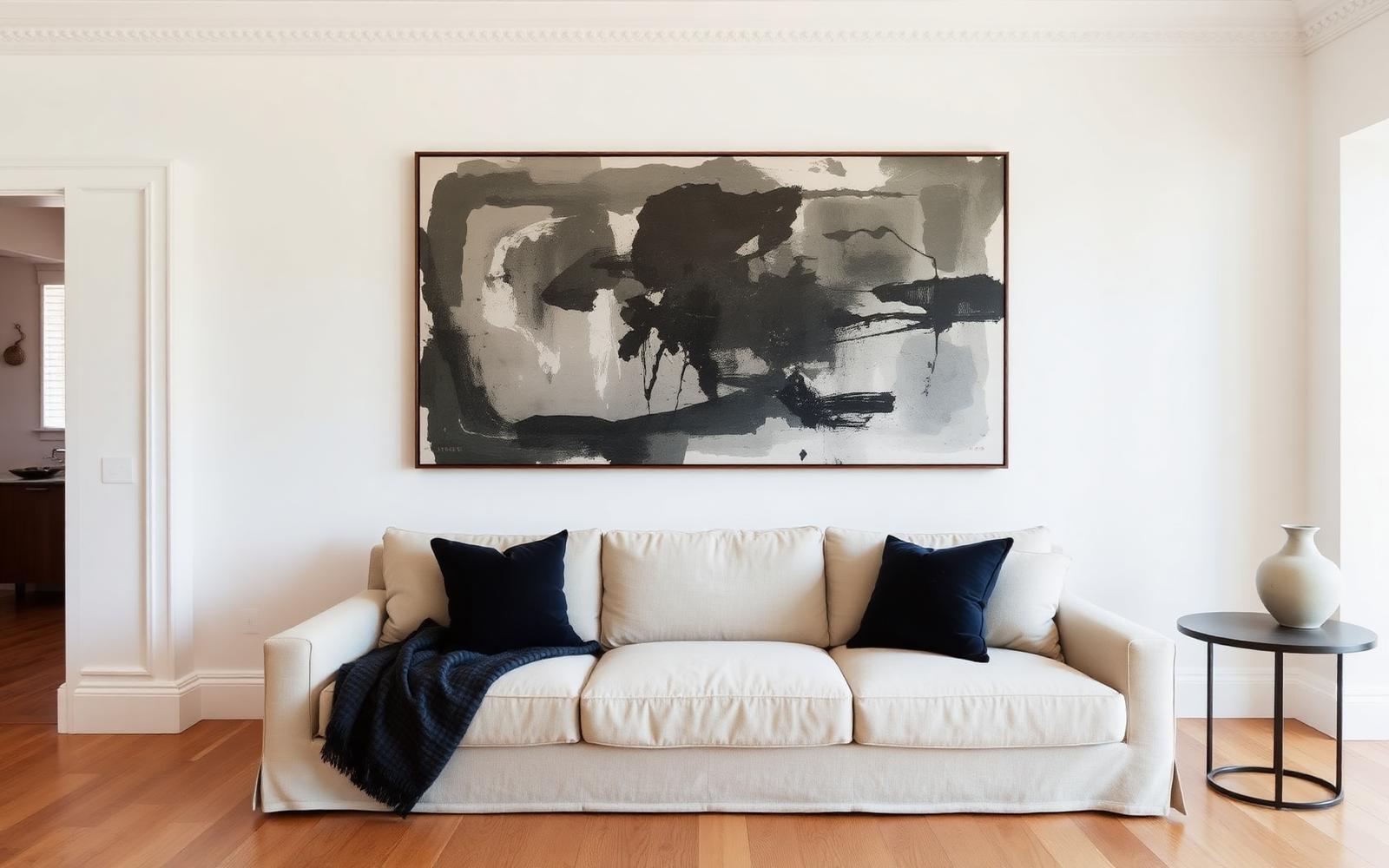 Oversized abstract artwork properly scaled above a linen sofa