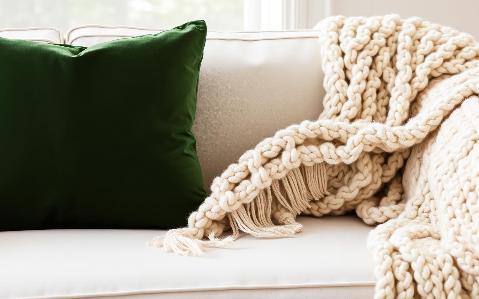 Cream linen sofa layered with a green velvet pillow and chunky cream wool throw