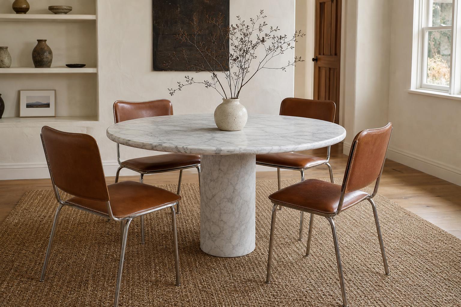 Round white marble dining table with caramel leather chairs on a jute rug