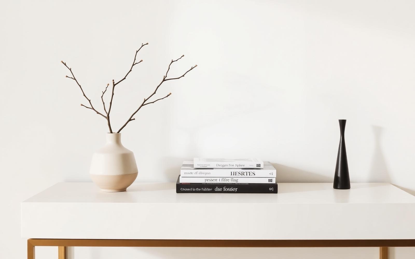 Console table styled with three objects: a vase, books, and a sculptural piece