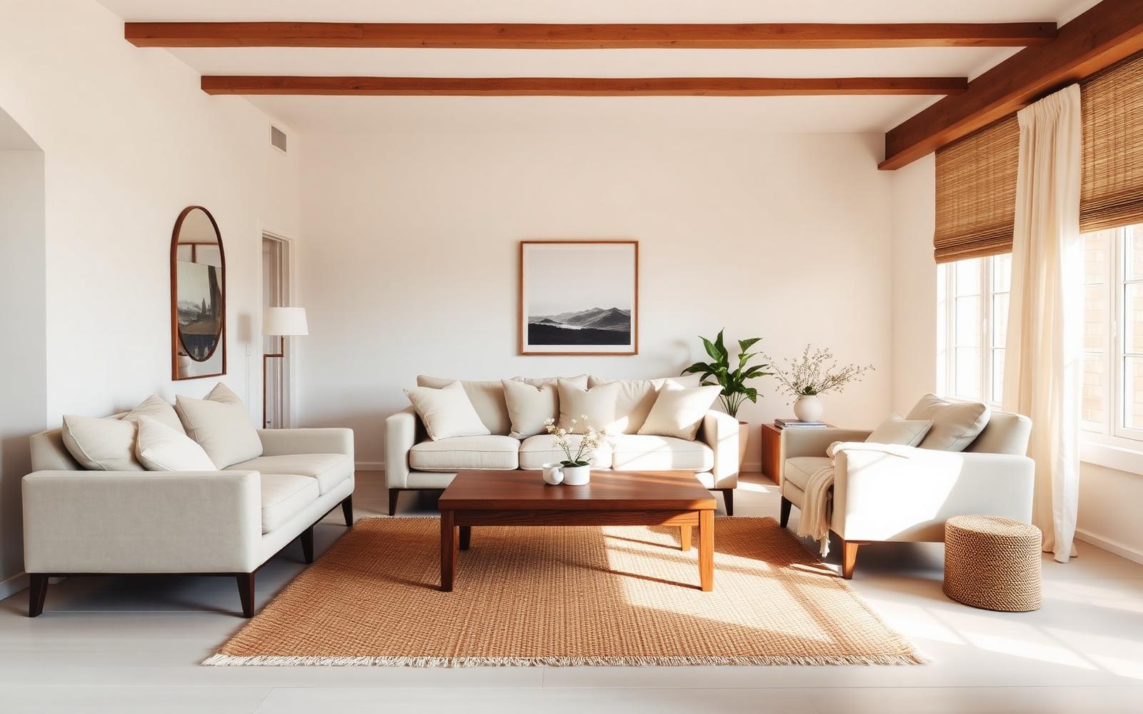 Living room in warm white, oat linen and walnut wood