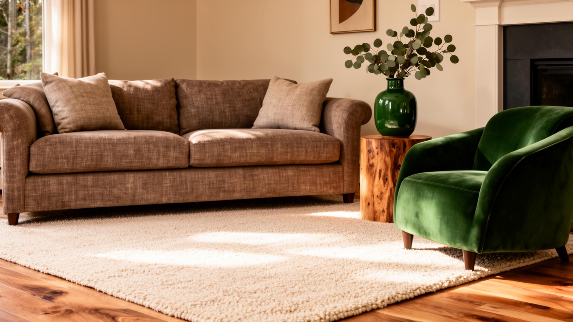 Living room with mushroom sofa, cream rug and forest green accents