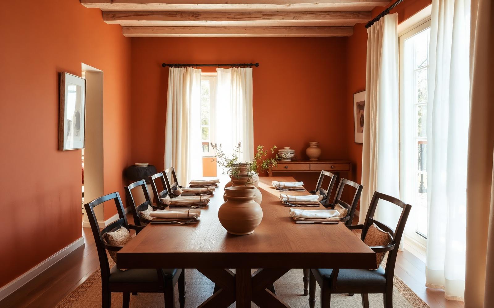 Sunlit dining room with clay plaster walls and terracotta ceramics