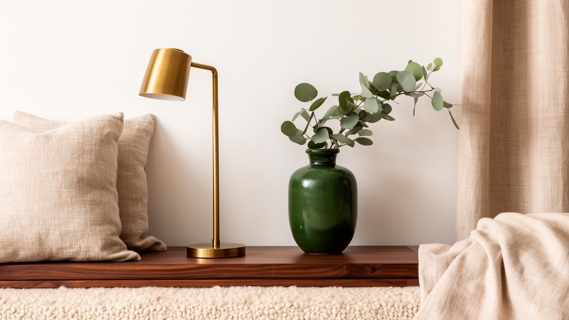 Still-life vignette with linen pillows, brushed brass lamp, walnut console and a forest green ceramic vase with eucalyptus