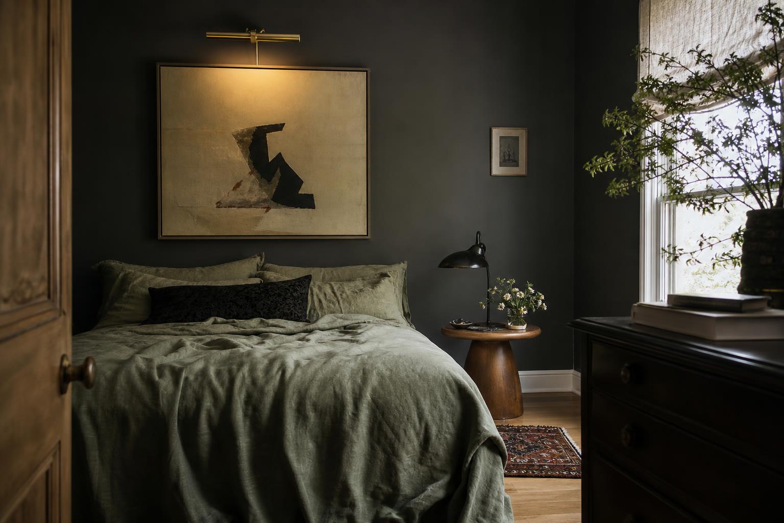 Moody bedroom with charcoal walls, white oak floors and sage linens