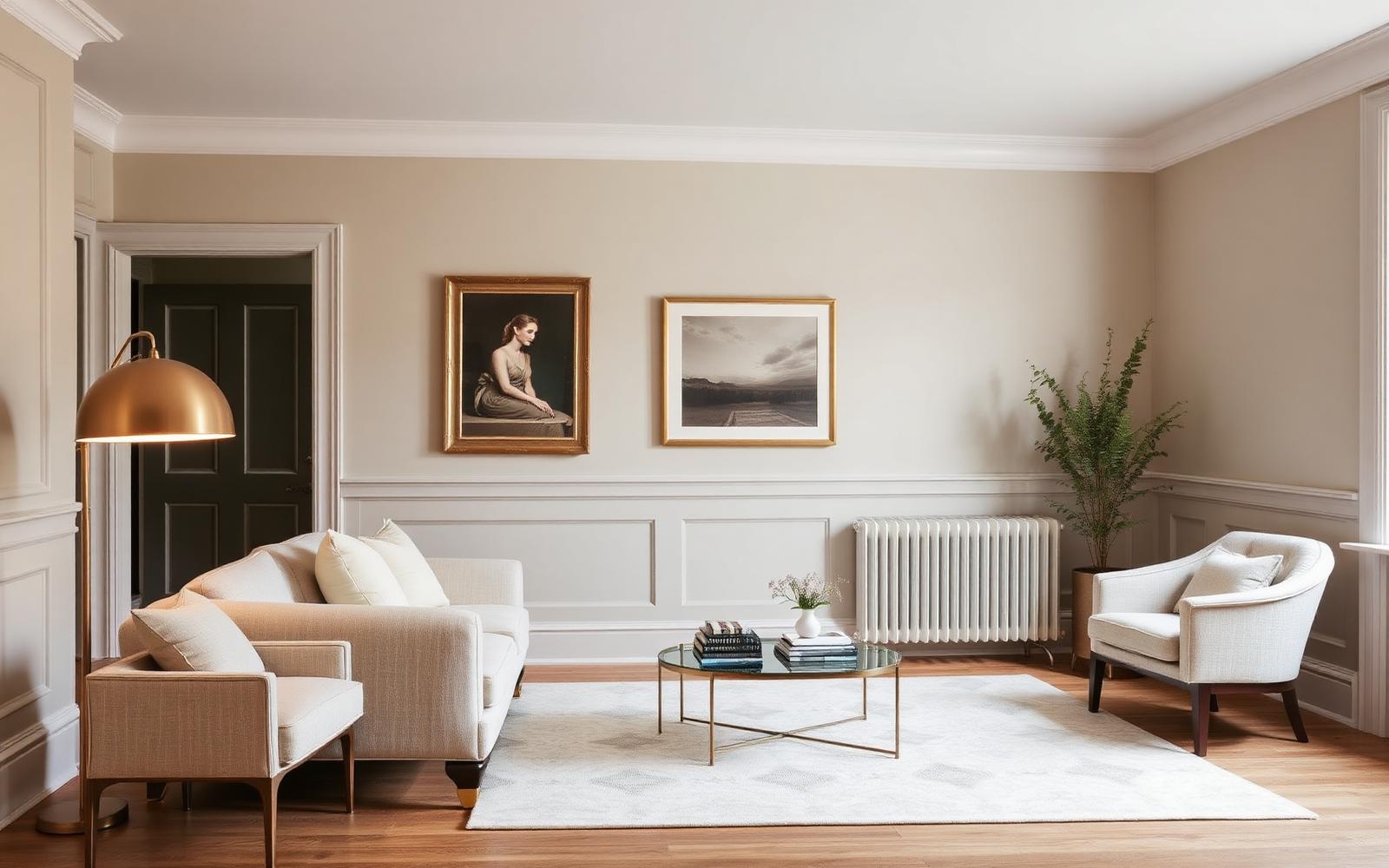 Sitting room with greige walls, ivory upholstery and brushed brass lighting