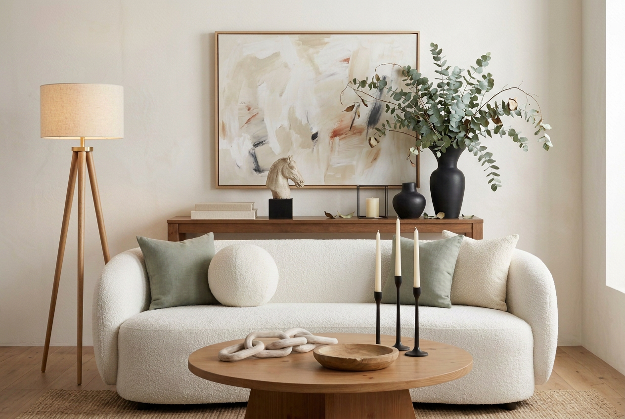 A staged Eastside living room with a linen sectional, walnut coffee table and a view of Lake Washington through floor-to-ceiling windows.