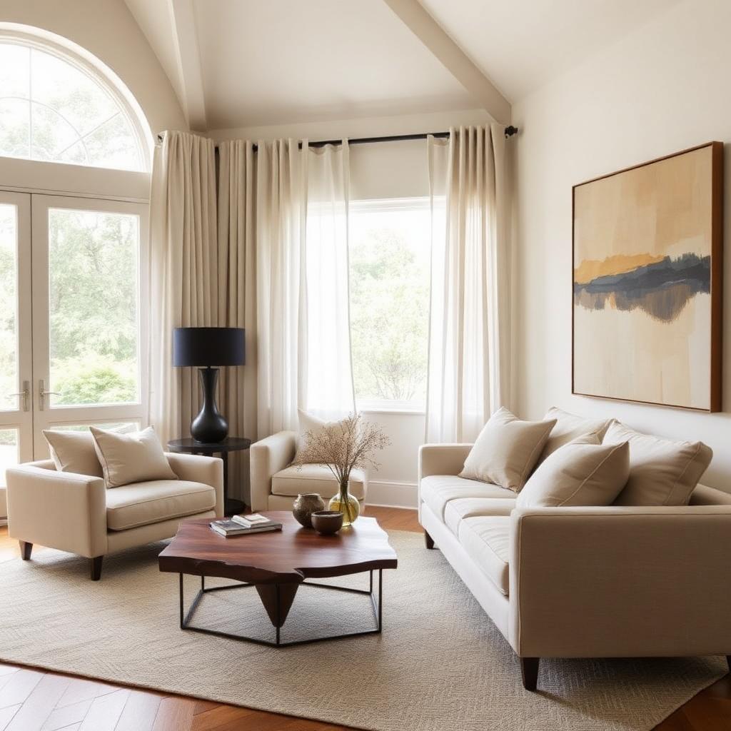A professionally staged Pacific Northwest living room with a linen sofa, walnut coffee table, and warm natural light — an example of the benefits of home staging.