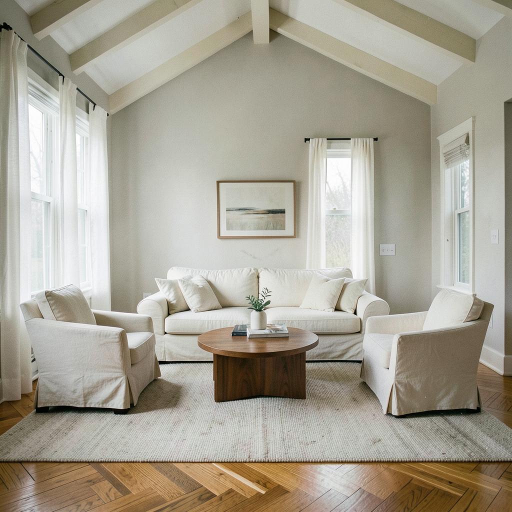 A professionally staged Pacific Northwest living room with a linen sofa, walnut coffee table, and warm natural light — an example of the benefits of home staging.