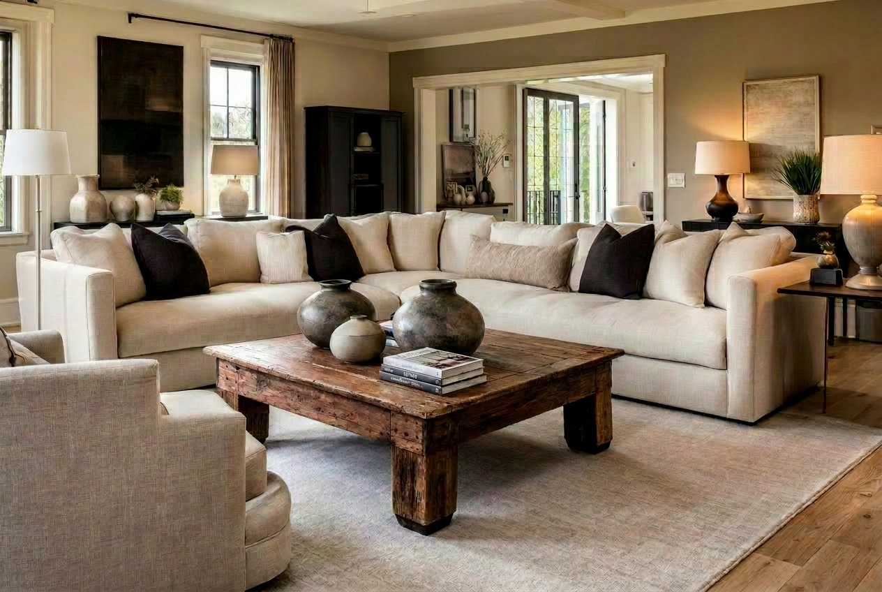 A staged Pacific Northwest living room in cream and warm browns