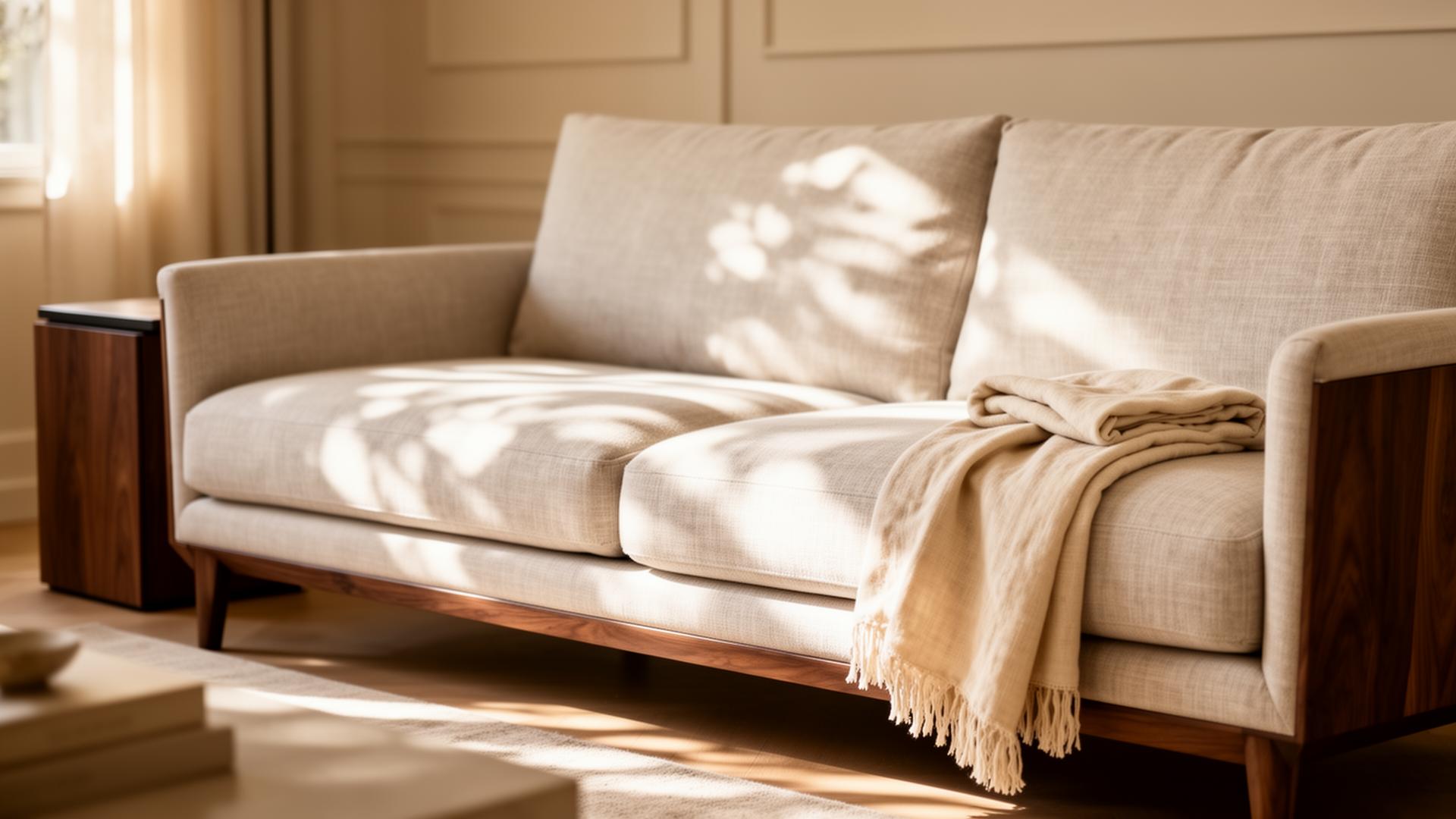 Light oatmeal linen sofa in a sunlit living room with soft neutral tones